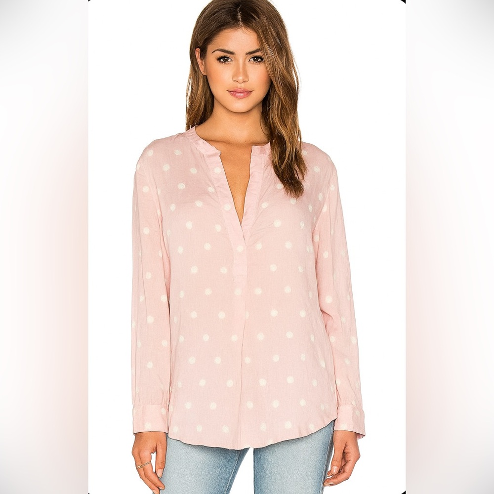 LOFT Pink Polka Dot Embroided V- Neck Relaxed Cotton Top
